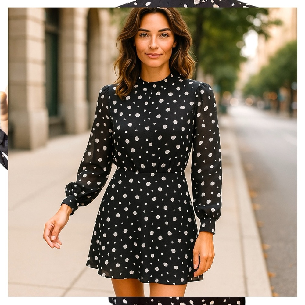 Ted Baker London Black and White Polka Dot Floelle Mock Neck Dress